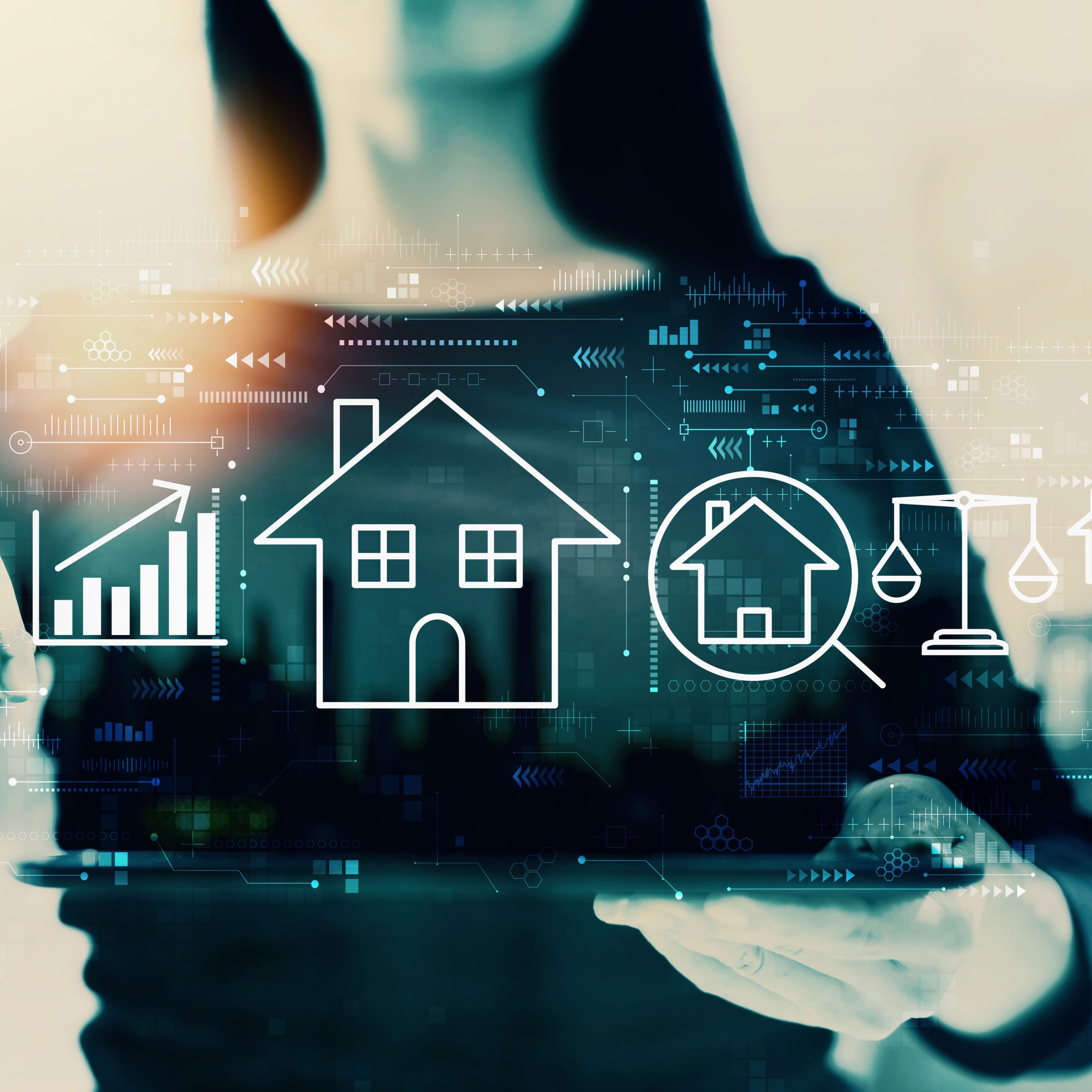 Real estate theme with businesswoman on a city background